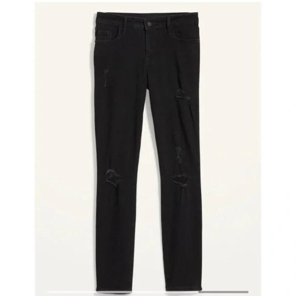 NWT Old Navy Mid-Rise Pop Icon Black-Wash Ripped Skinny Jeans for Women - Picture 3 of 4